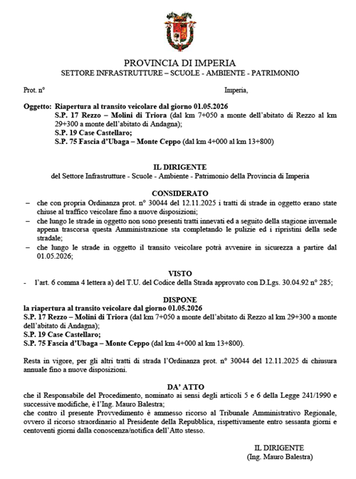 Ordinanza di riapertura strade provinciali